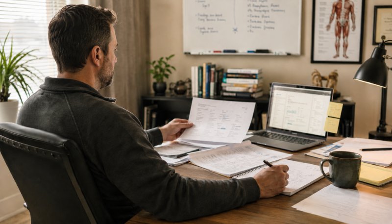 Clinic owner reviewing data at his desk instead of chasing trends