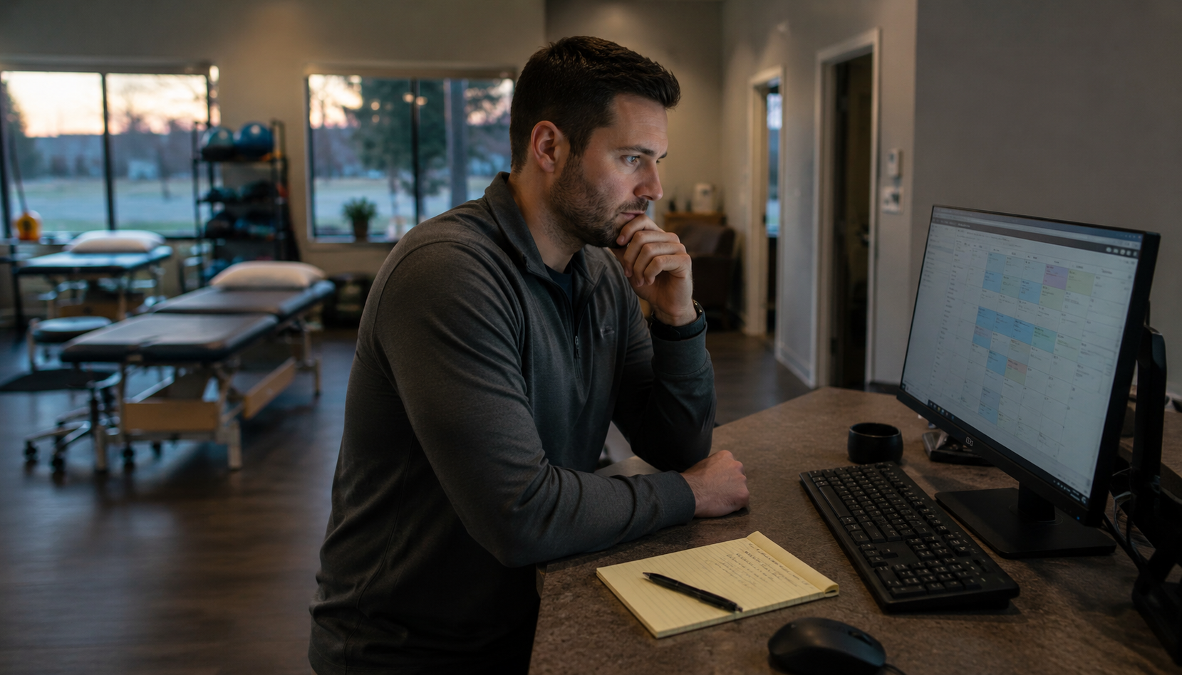 A physical therapy clinic owner reviewing next week's schedule alone in the clinic at dusk, deciding whether to hire another clinician.