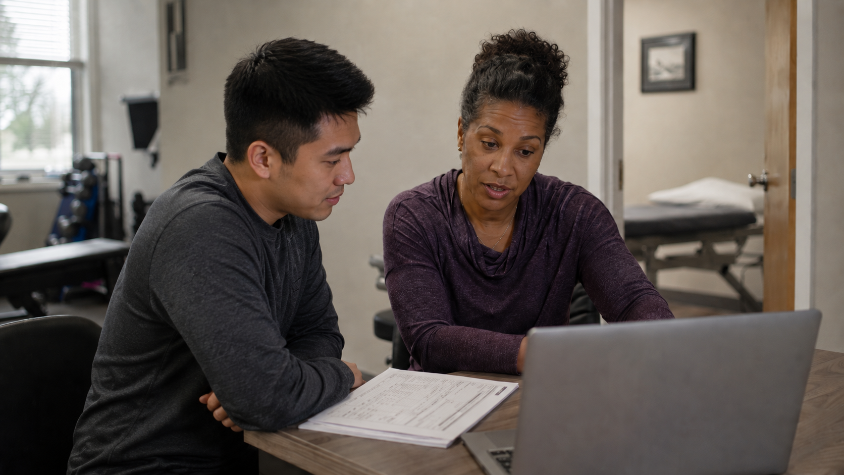 A senior therapist and a newer clinician reviewing a patient case together at a clinic workstation