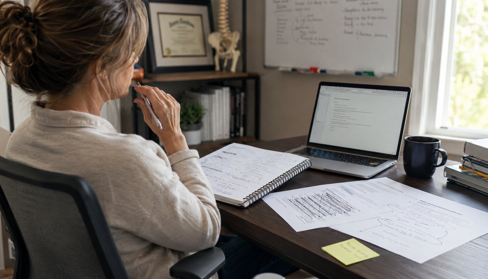 Transform Your Offer Coach reviewing notes on offer reframing at her home office desk